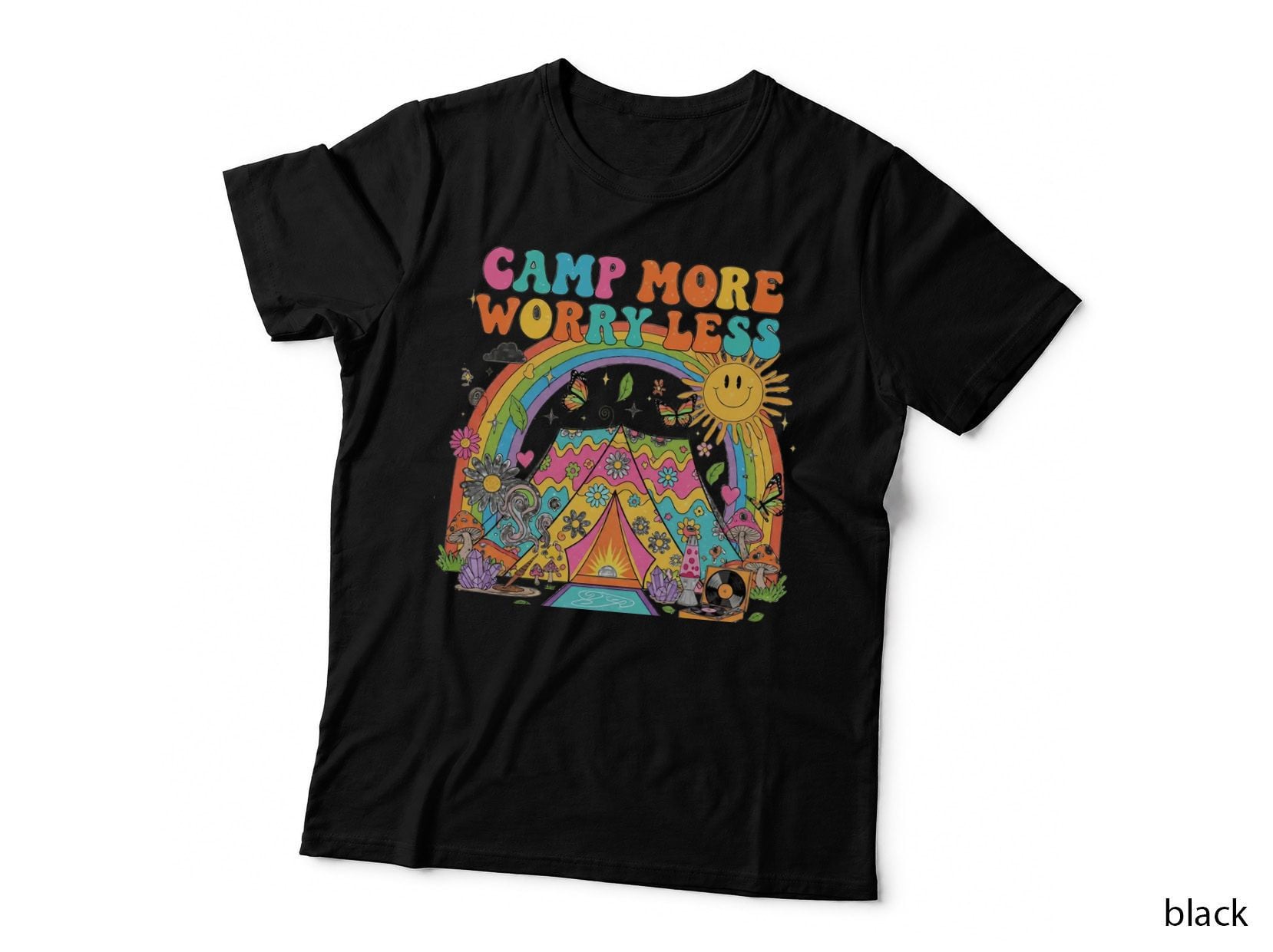 Camp More Worry Less Outdoor Adventure T-Shirt, Colorful Camp Tent with Rainbow