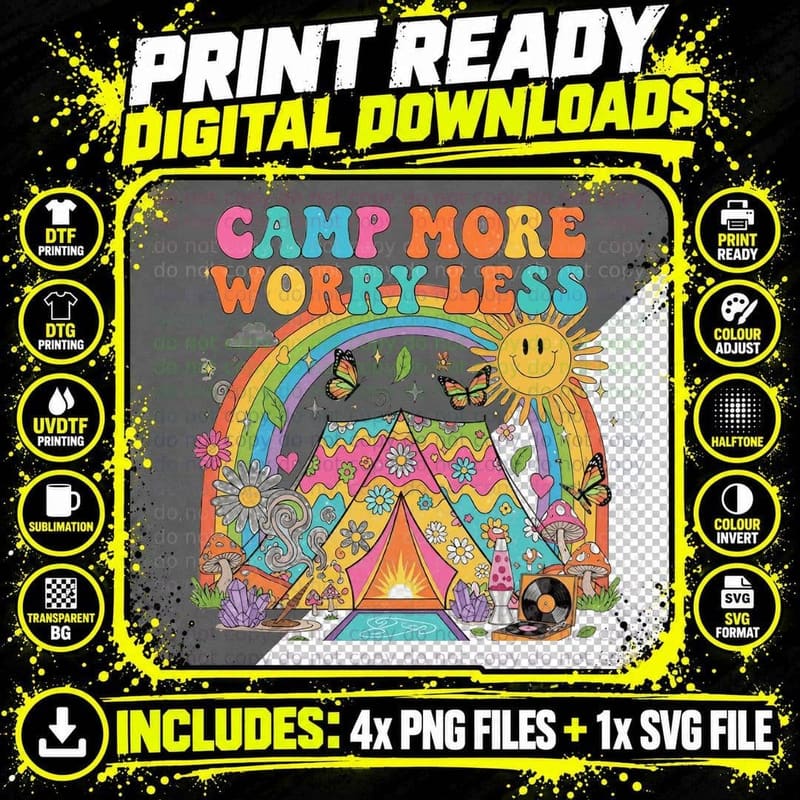 Camp More Worry Less Outdoor Adventure T-Shirt Png SVG Digital Bundle
