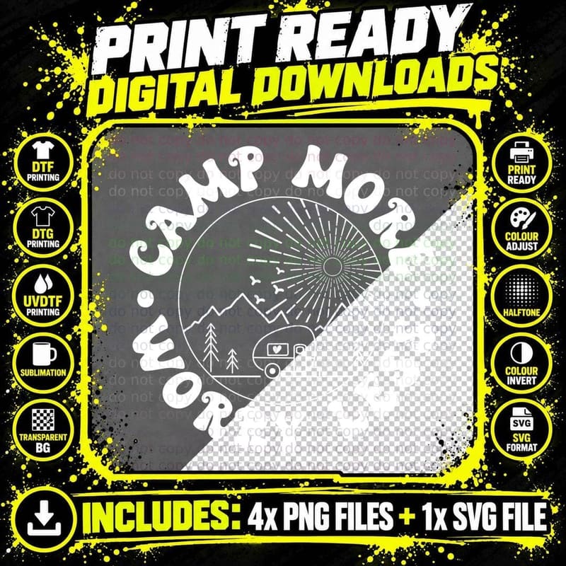 Camp More Worry Less T-Shirt, Campfire Tent Forest Scene Png SVG Digital Bundle