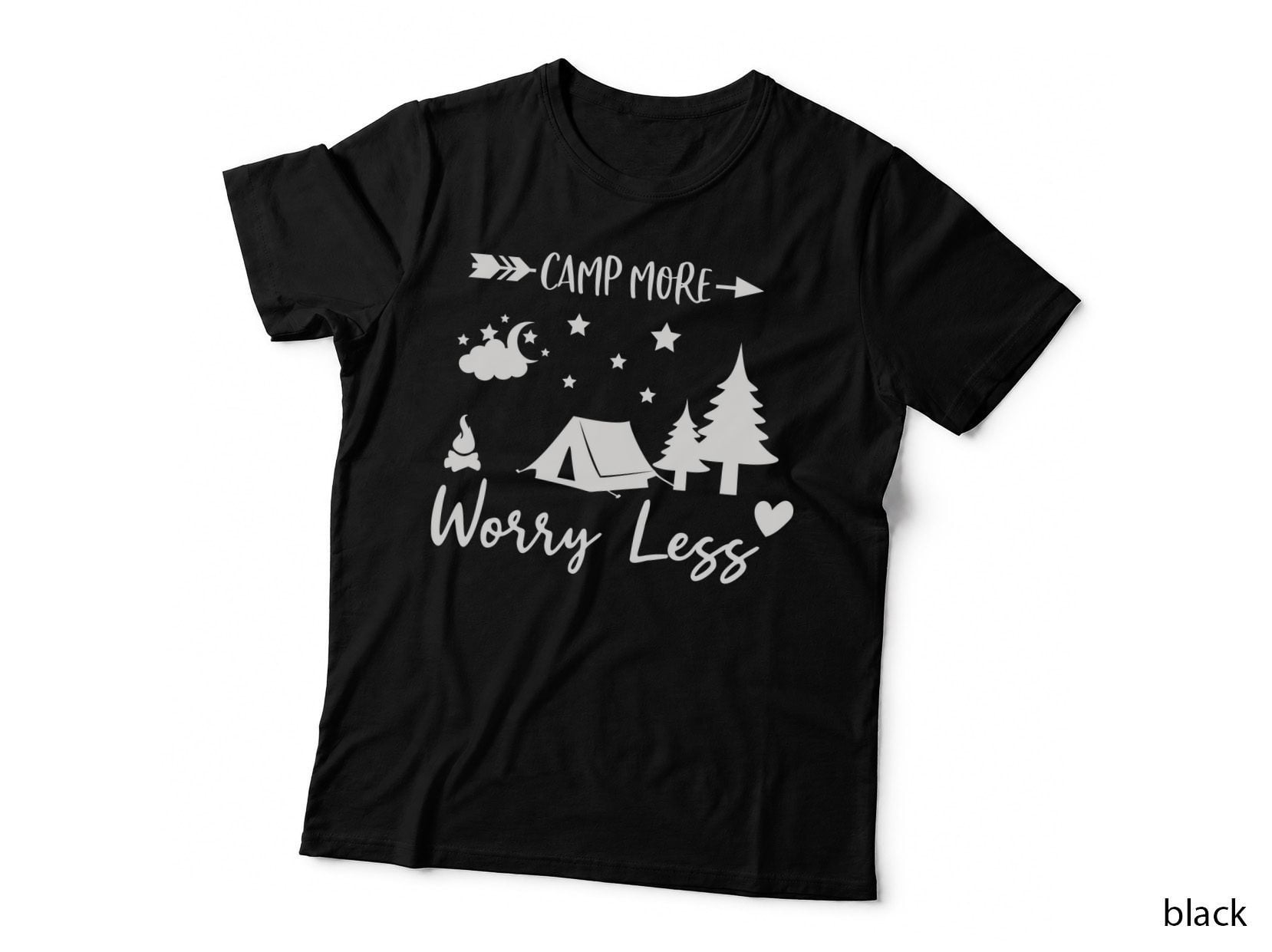 Camp More Worry Less T-Shirt, Camping Mountain Landscape Text Outdoor Adventure