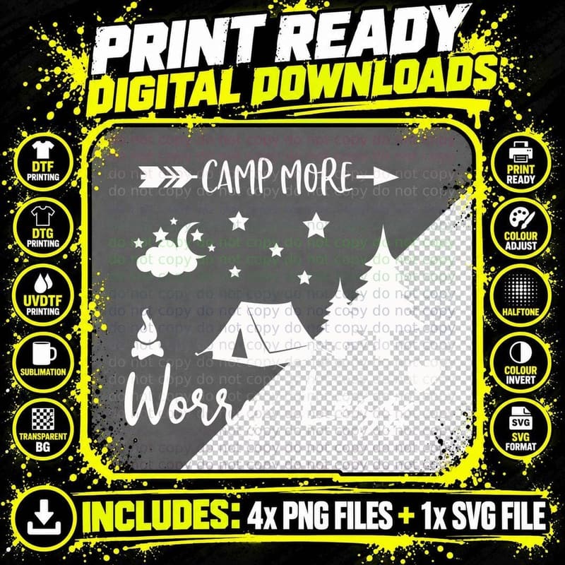 Camp More Worry Less T-Shirt, Camping Mountain Landscape Png SVG Digital Bundle