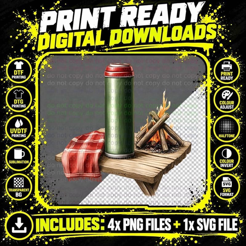 Campfire & Thermos Scene Camping T-Shirt Png SVG Digital Bundle