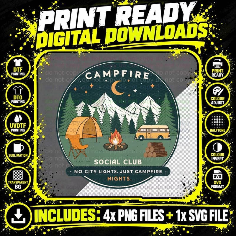Campfire Social Club. No City Lights. Just Campfire Png SVG Digital Bundle