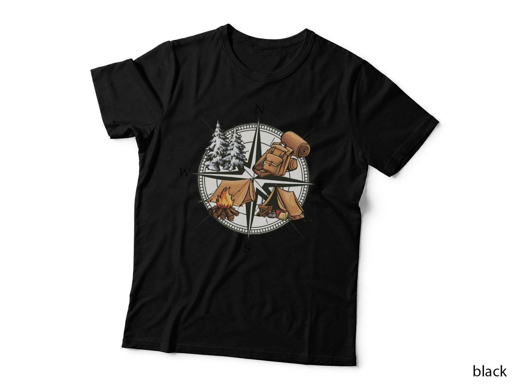 Camping Compass with Trees Tent Fire Backpacks Camping T-Shirt