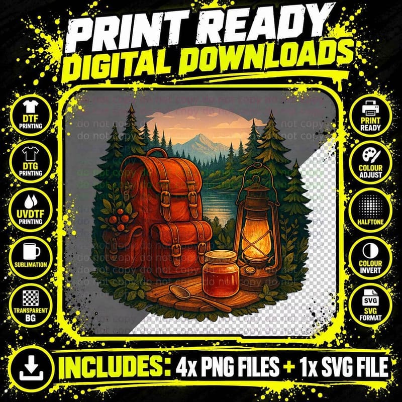 Camping Gear in Forest Setting Outdoor Adventure T-Shirt Png SVG Digital Bundle