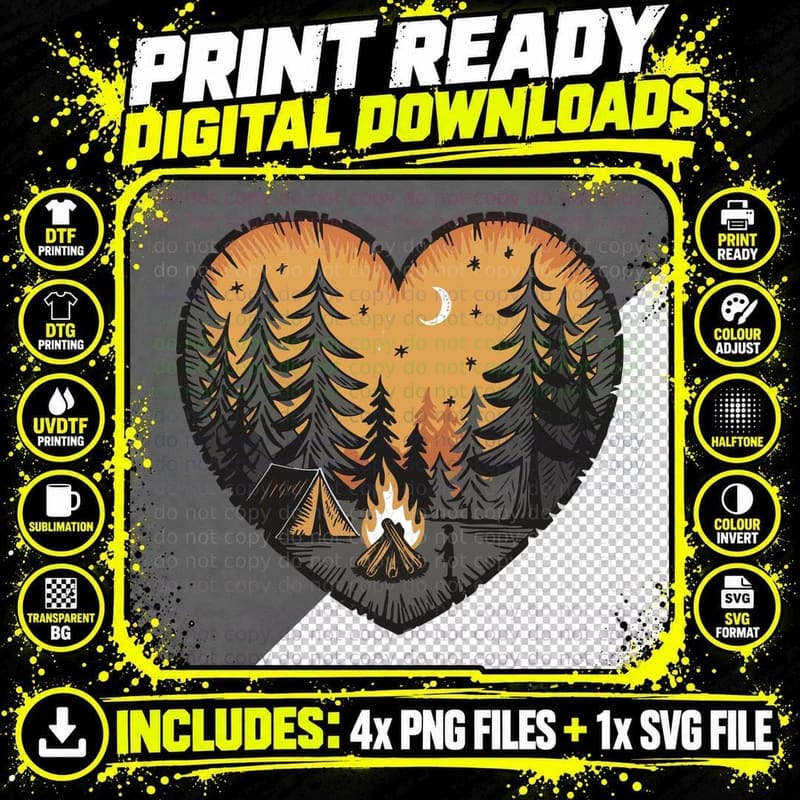 Camping Heart Night Scene Outdoor Adventure T-Shirt Png SVG Digital Bundle