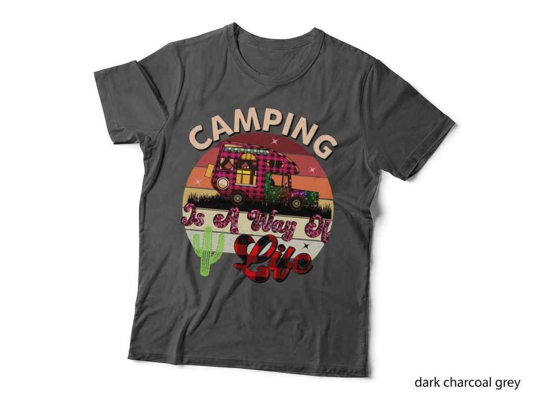 Camping Is a Way of Life Camping T-Shirt, Plaid Camper Sunset Scene Graphic Tee
