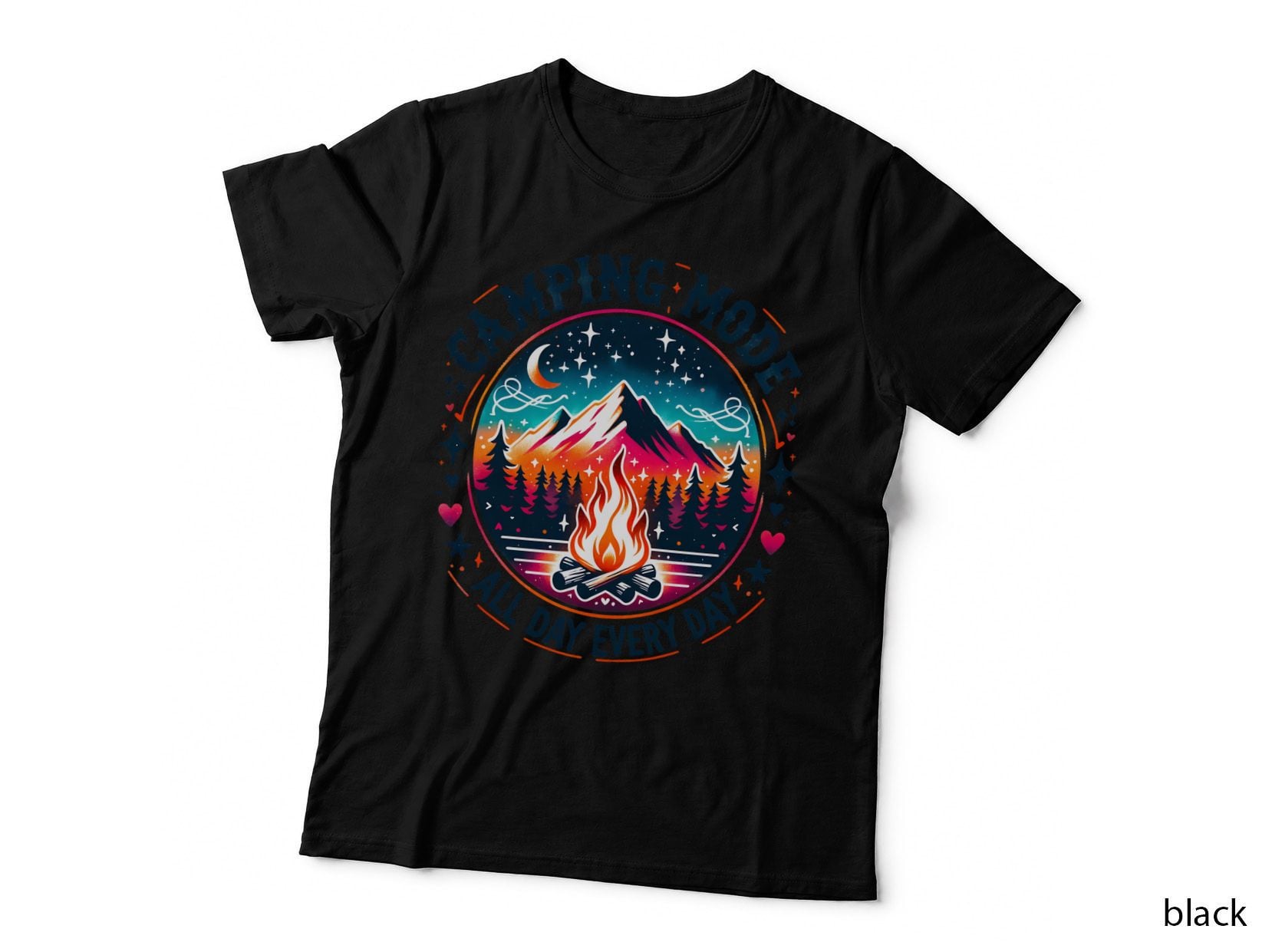 Camping Mode All Day Every Day Camping T-Shirt, Night Campfire with Mountains