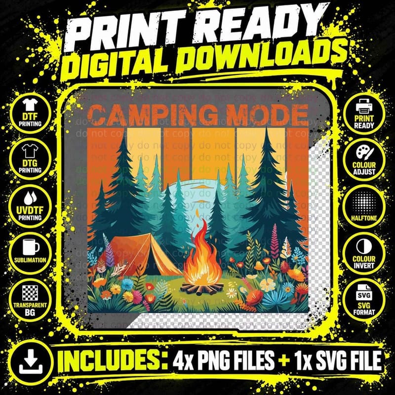 Camping Mode Camping T-Shirt, Camping Scene with Tent Png SVG Digital Bundle