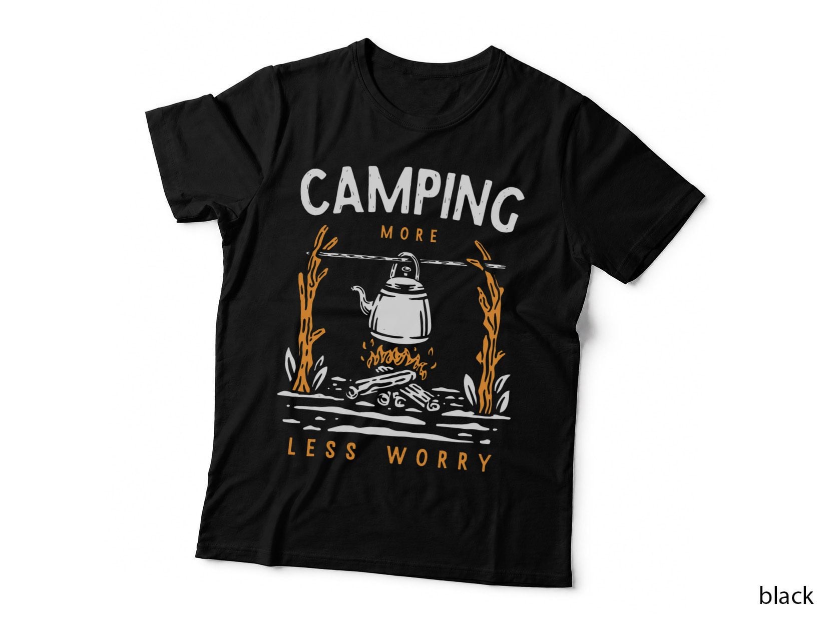 Camping More Less Worry Campfire Kettle Illustration Outdoor Retro T-Shirt