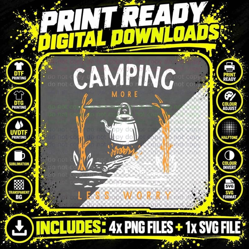 Camping More Less Worry Campfire Kettle Illustration Png SVG Digital Bundle