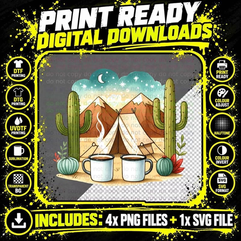 Camping Night with Cacti and Hot Drinks Camping T-Shirt Png SVG Digital Bundle