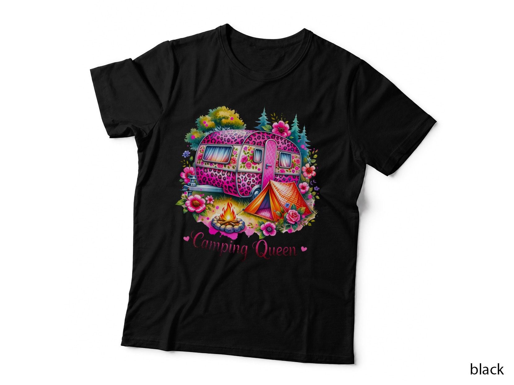 Camping Queen Outdoor Adventure T-Shirt, Pink Leopard Print Camper with Graphic