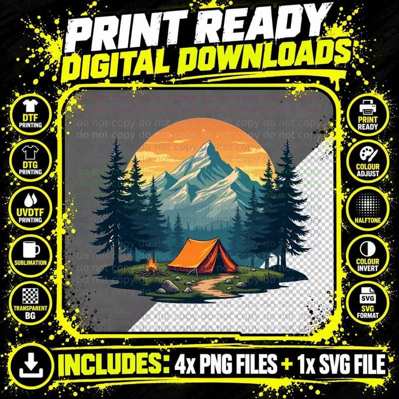 Camping Under Mountain Moonlight Outdoor Adventure Png SVG Digital Bundle