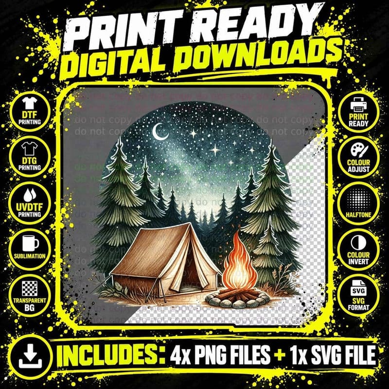 Camping Under Stars with Tent and Fire Outdoor Adventure Png SVG Digital Bundle