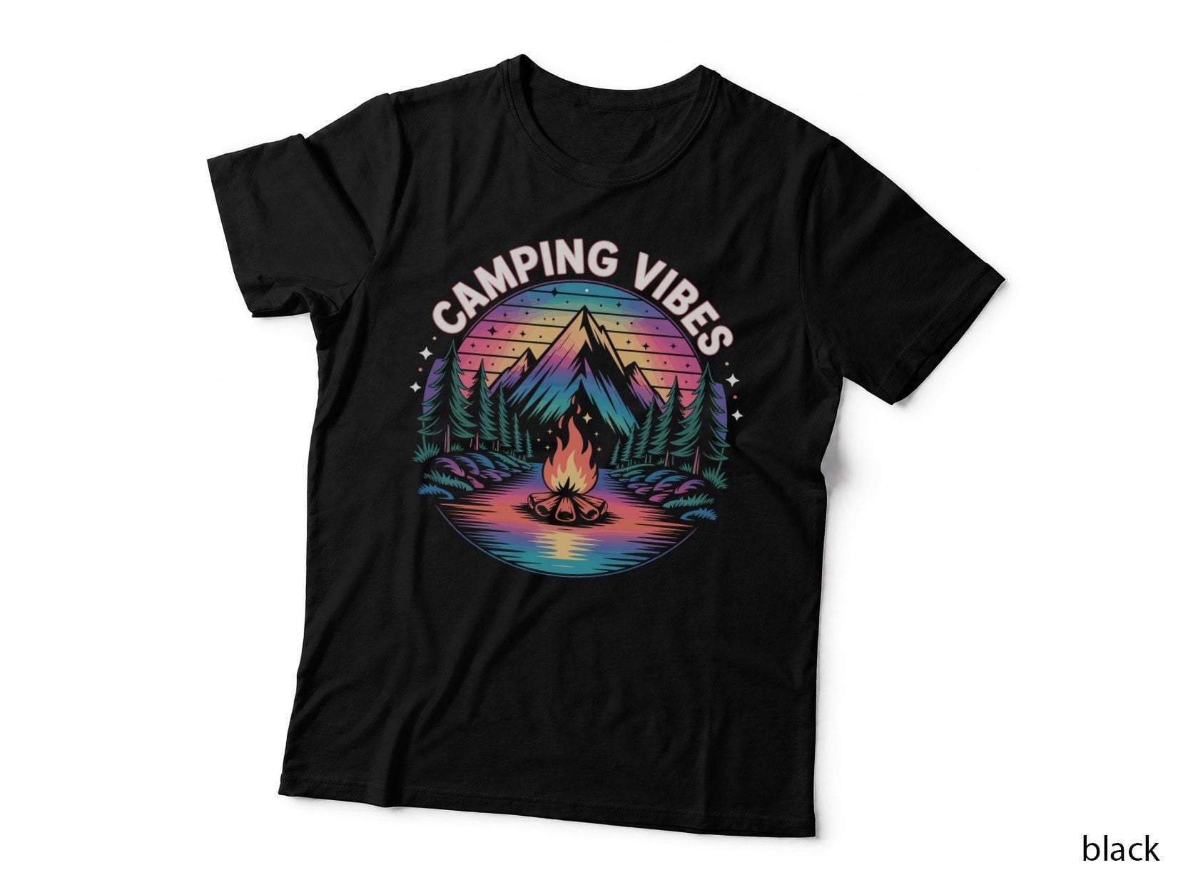 Camping Vibes Camping T-Shirt, Campfire by Lake with Mountains Graphic Tee
