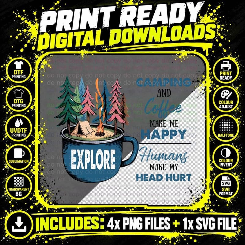 Camping and Coffee Make Me Happy Humans Make My Head Png SVG Digital Bundle