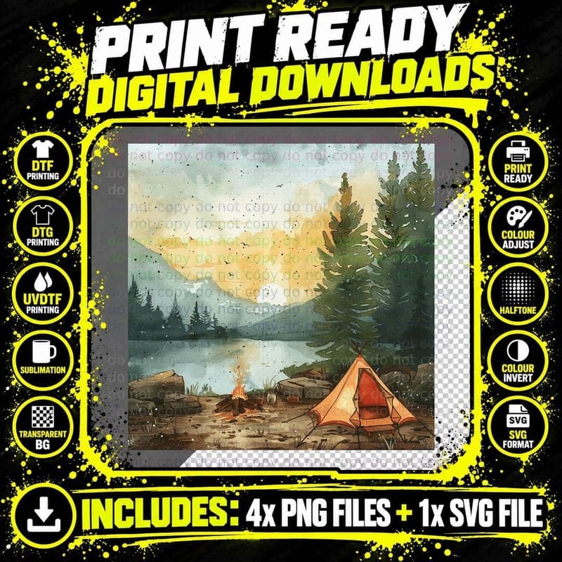 Camping by Lake at Sunset Outdoor Adventure T-Shirt Png SVG Digital Bundle