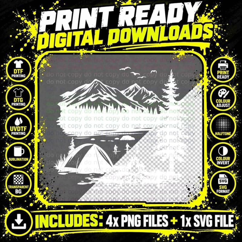 Camping by Lake with Mountains Landscape Art T-Shirt Png SVG Digital Bundle
