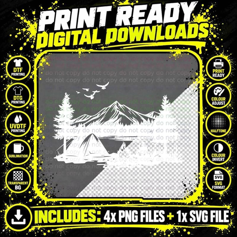 Camping by Lake with Mountains Landscape Design T-Shirt Png SVG Digital Bundle