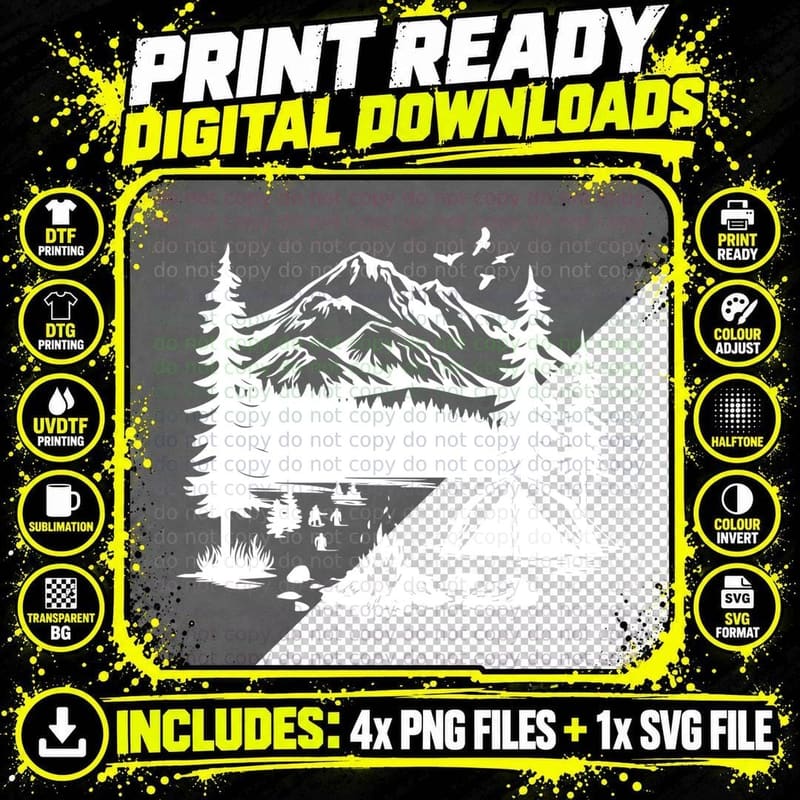 Camping by Mountain Lake Landscape T-Shirt Png SVG Digital Bundle