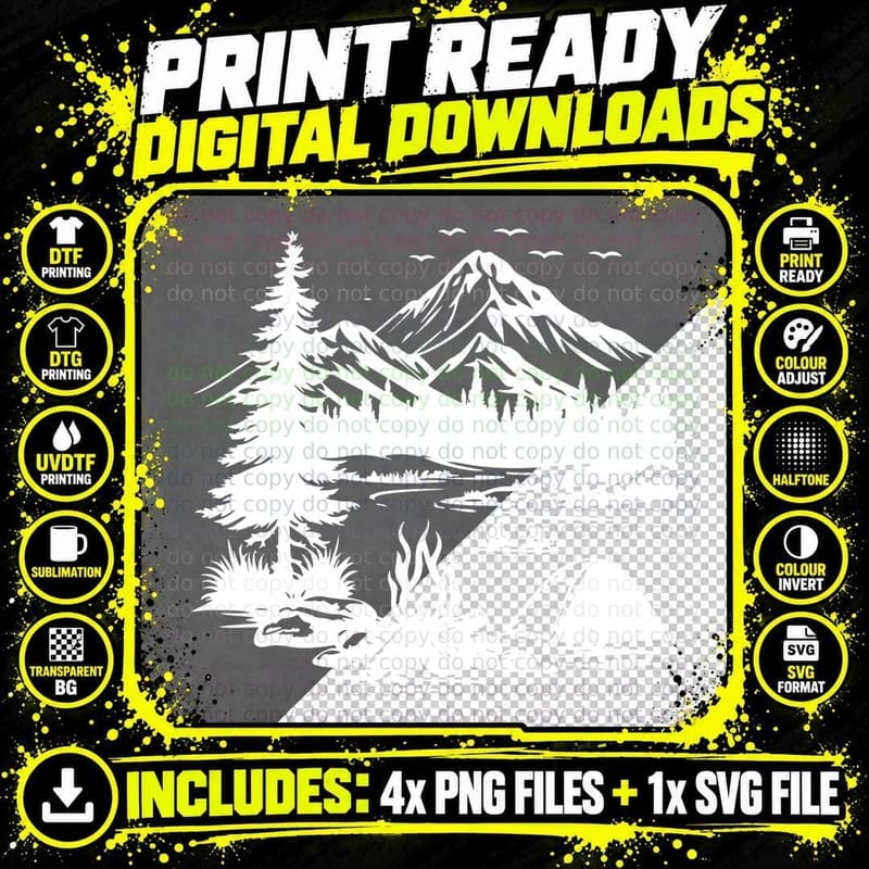 Camping by Mountain River Landscape T-Shirt Png SVG Digital Bundle
