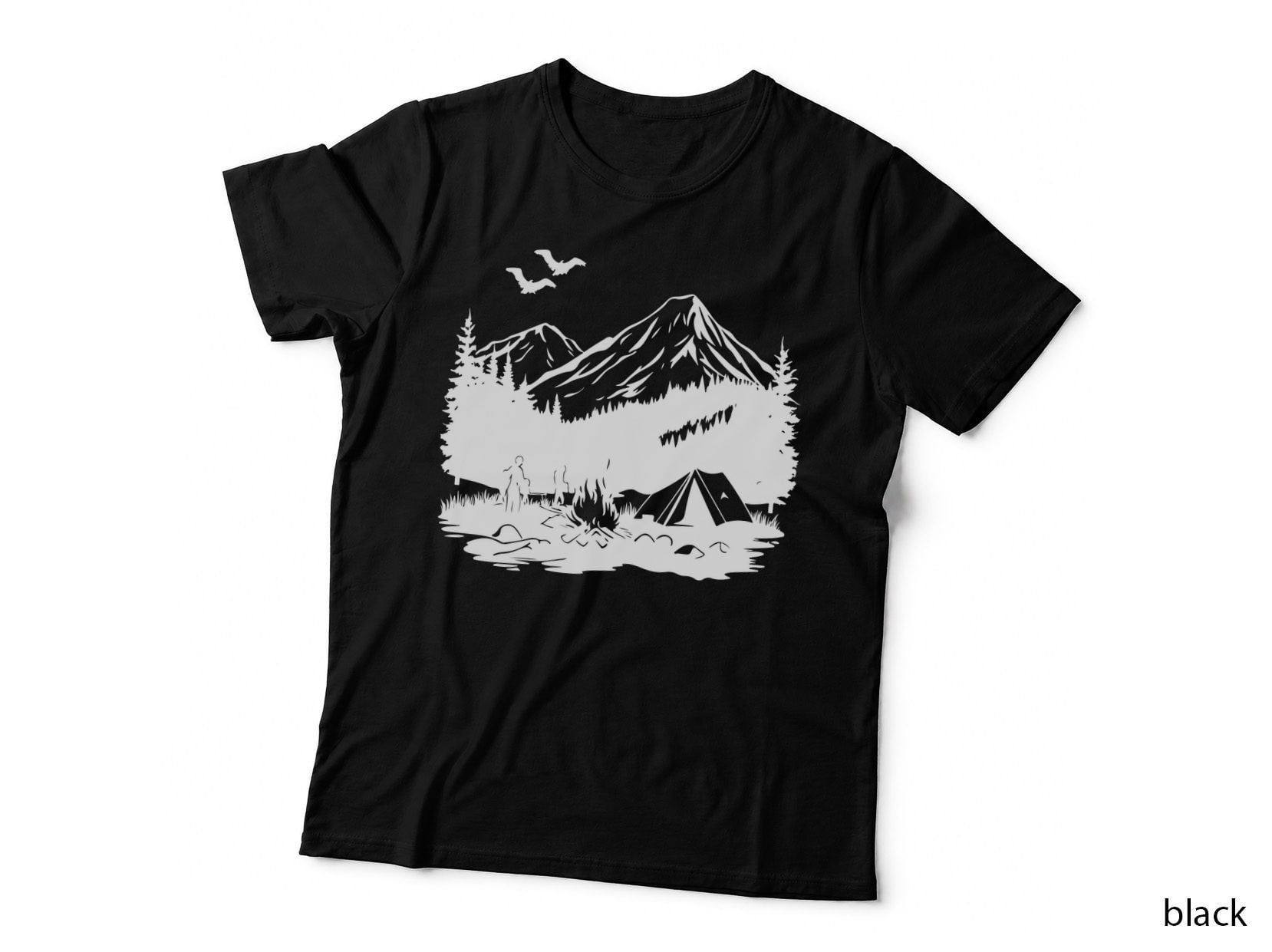 Camping by Mountain with Bats Landscape T-Shirt, Landscape Graphic Tee