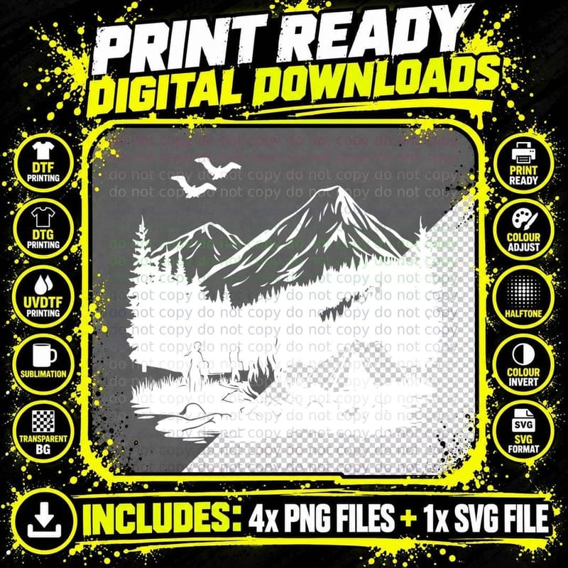 Camping by Mountain with Bats Landscape T-Shirt Png SVG Digital Bundle