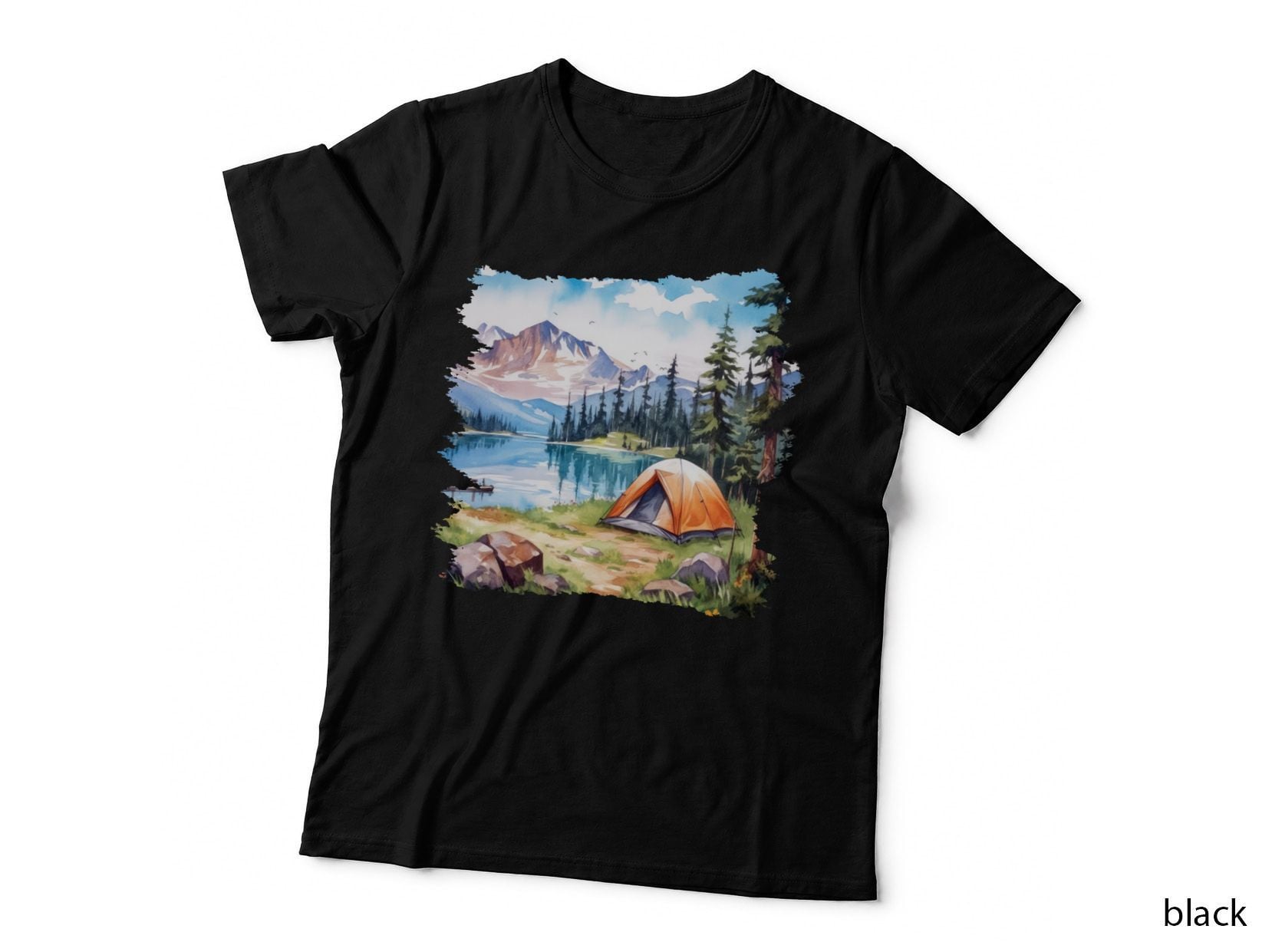 Camping by Serene Lake with Mountains Outdoor Adventure T-Shirt