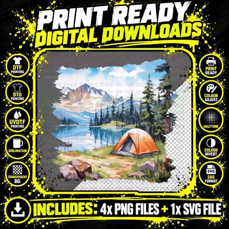 Camping by Serene Lake with Mountains Outdoor Adventure Png SVG Digital Bundle