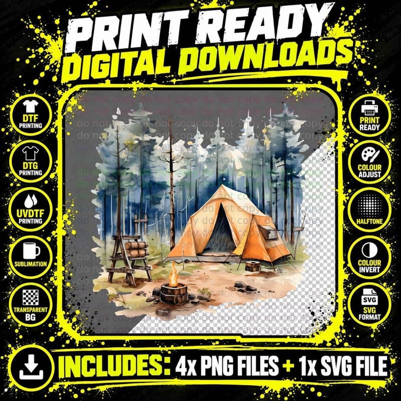 Camping in a Forest with Tent and Campfire Outdoor Png SVG Digital Bundle