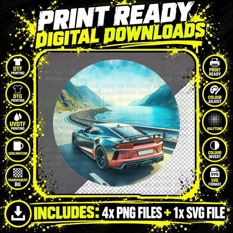 Car Mountain Water Red Orange on Highway Over Mountains Png SVG Digital Bundle