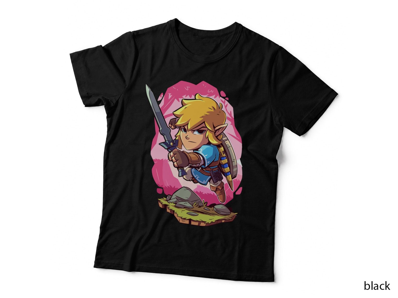 Cartoon Blonde Archer Sword and Bow Adventure Hero Pink Background T-Shirt