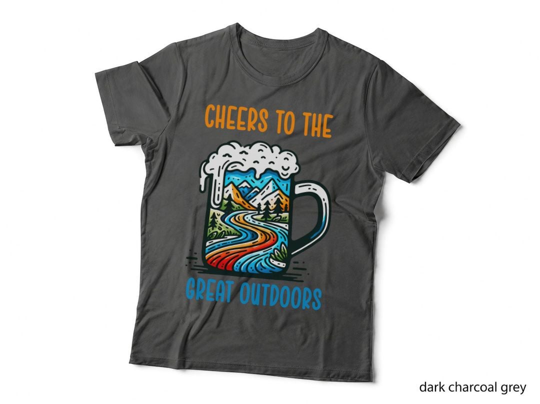 Cheers to the Great Outdoors Camping T-Shirt, Beer Mug with Mountain Landscape