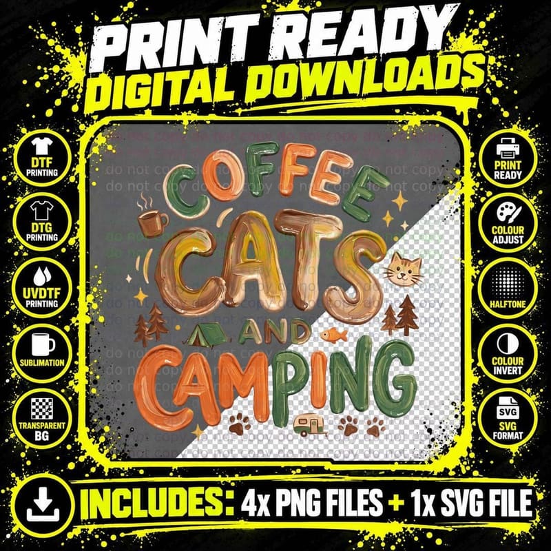 Coffee Cats and Camping Outdoor Adventure T-Shirt Png SVG Digital Bundle
