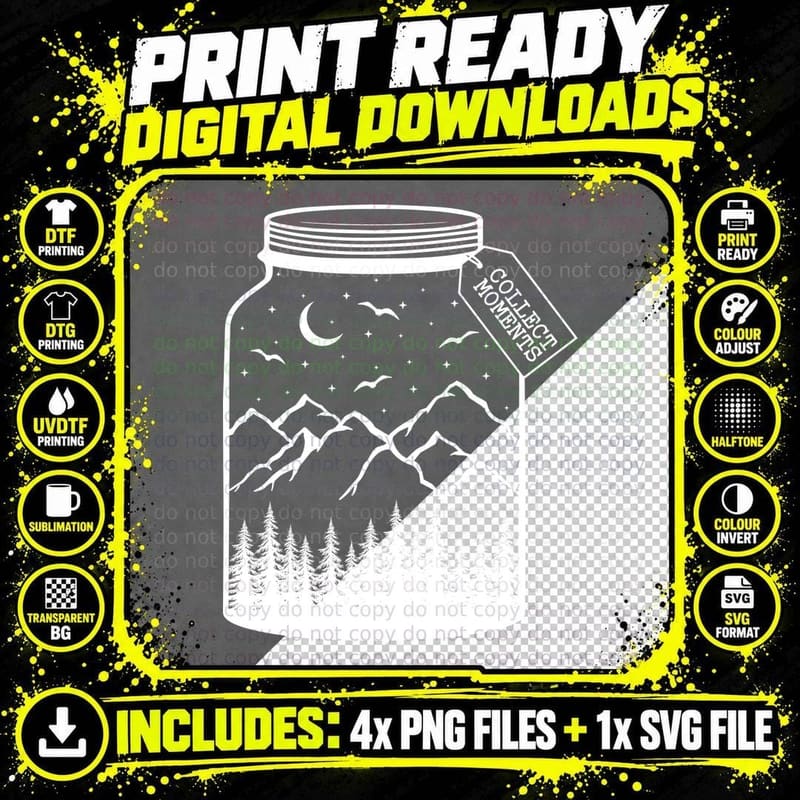 Collect Moments T-Shirt, Jar with Mountains Moon Forest Png SVG Digital Bundle