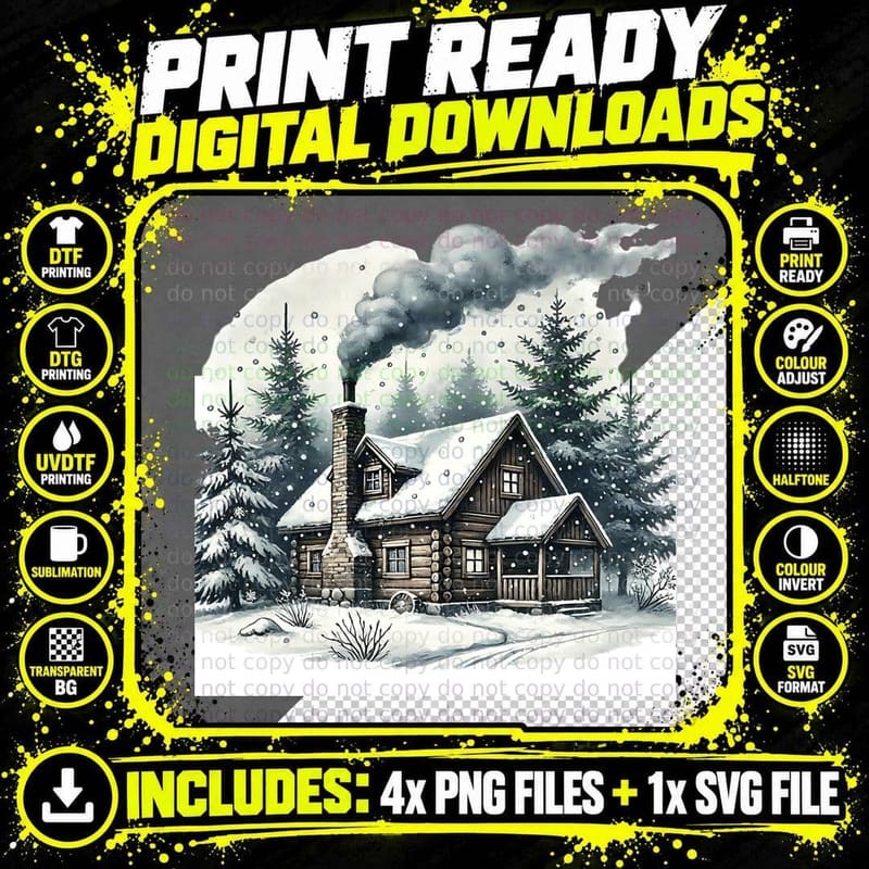 Cozy Cabin Snow Scene Outdoor Adventure T-Shirt Png SVG Digital Bundle