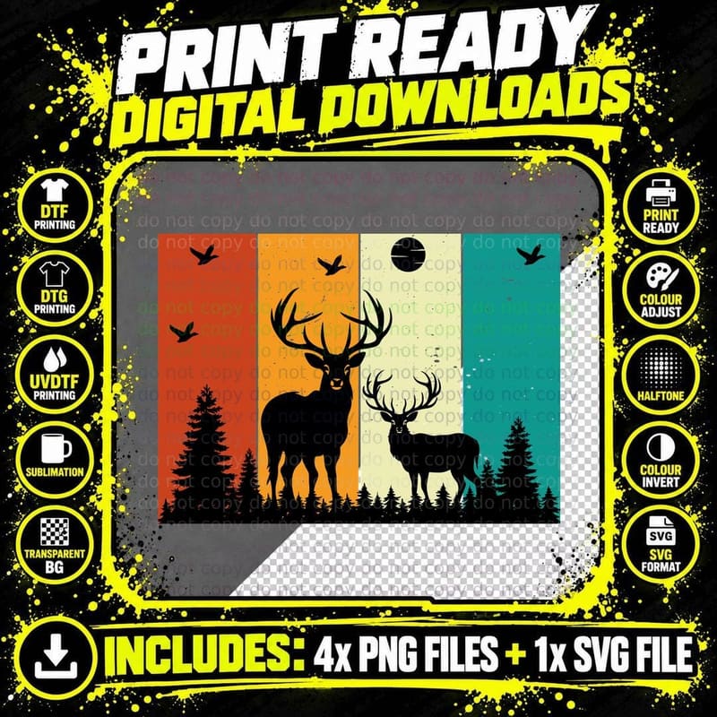Deer Forest Silhouette Outdoor Adventure T-Shirt Png SVG Digital Bundle