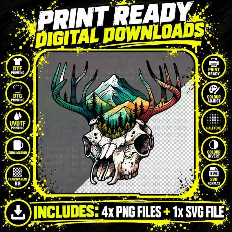 Deer Skull with Mountain Landscape Camping T-Shirt Png SVG Digital Bundle