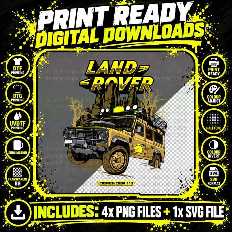 Defender 110 Land Rover Yellow Truck Off-Road Adventure Png SVG Digital Bundle