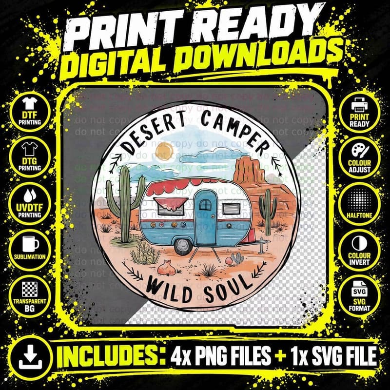 Desert Camper Wild Soul Outdoor Adventure T-Shirt Png SVG Digital Bundle