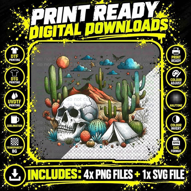 Desert Skull Cacti Tent Night Sky Camping T-Shirt Png SVG Digital Bundle