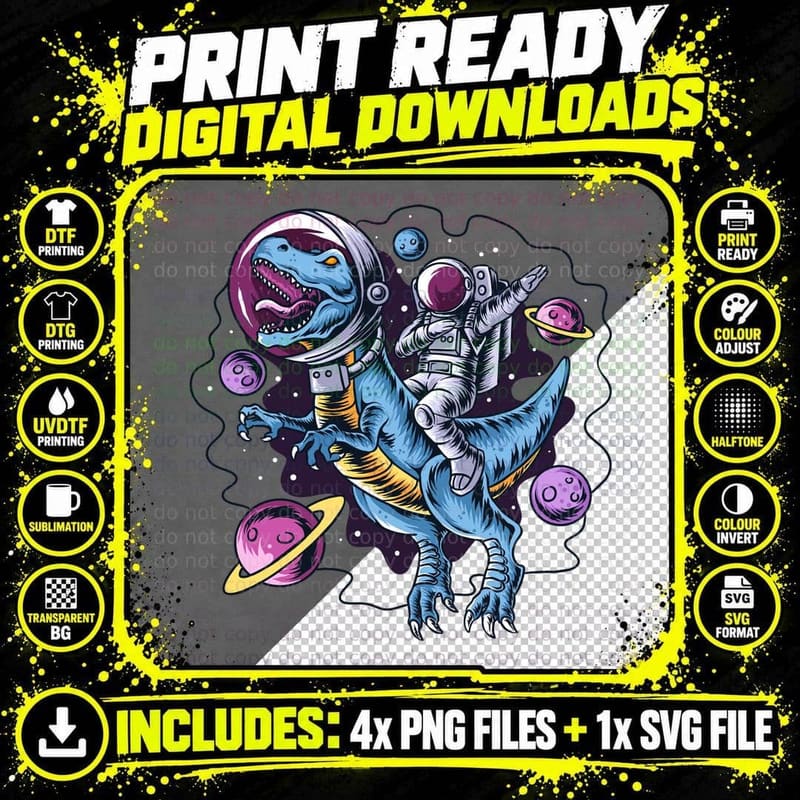 Dinosaur Astronaut Planets on with Surreal Adventure Png SVG Digital Bundle