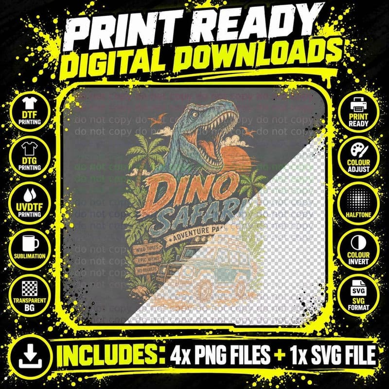 Dinosaur Safari Halftone T-Shirt, T-Rex Adventure Tee Png SVG Digital Bundle