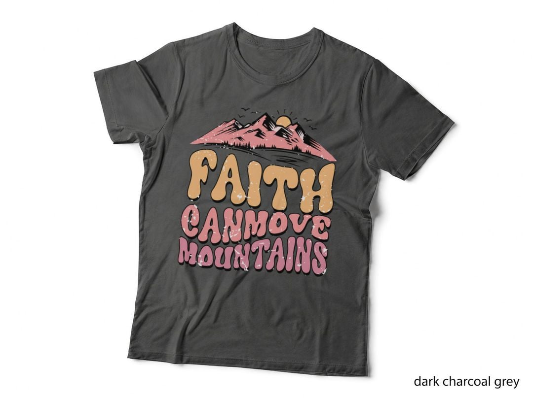 Faith Can Move Mountains Mountain Sunrise Retro Pink Orange Themed T-Shirt