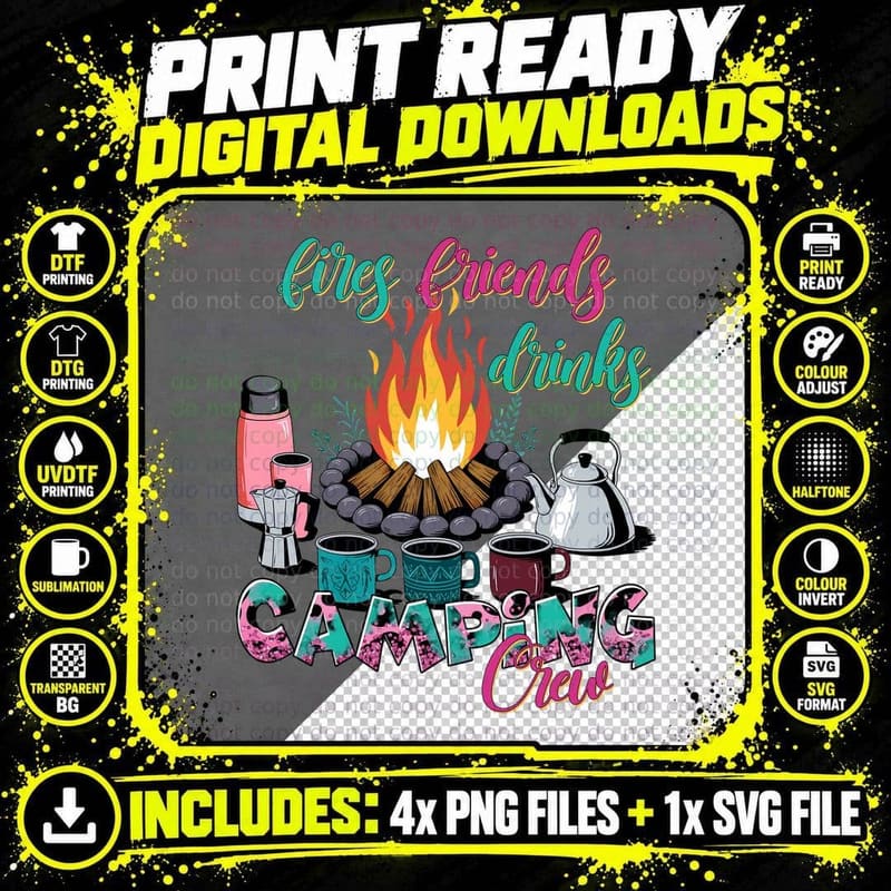 Fires Friends Drinks Camping Crew Outdoor Adventure Png SVG Digital Bundle