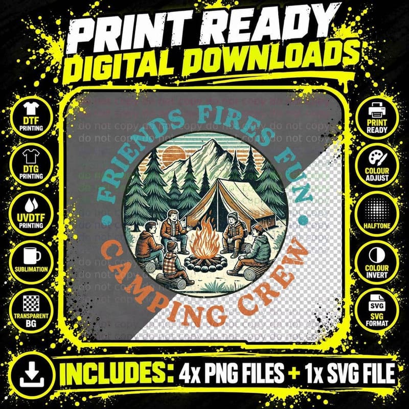 Friends Fires Fun Camping Crew Outdoor Adventure T-Shirt Png SVG Digital Bundle