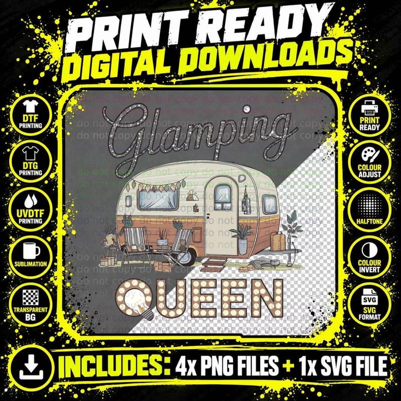 Glamping Queen Camping T-Shirt, Glamping Trailer with Png SVG Digital Bundle