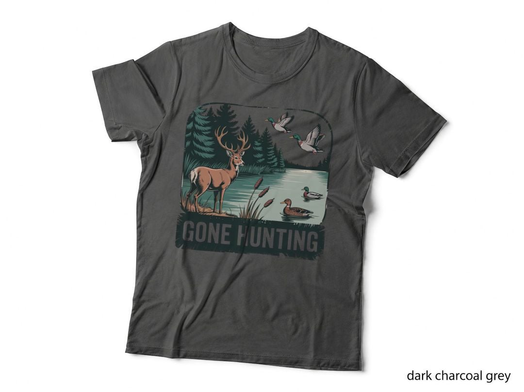 Gone Hunting Outdoor Adventure T-Shirt, Deer by Lake with Ducks Flying Graphic