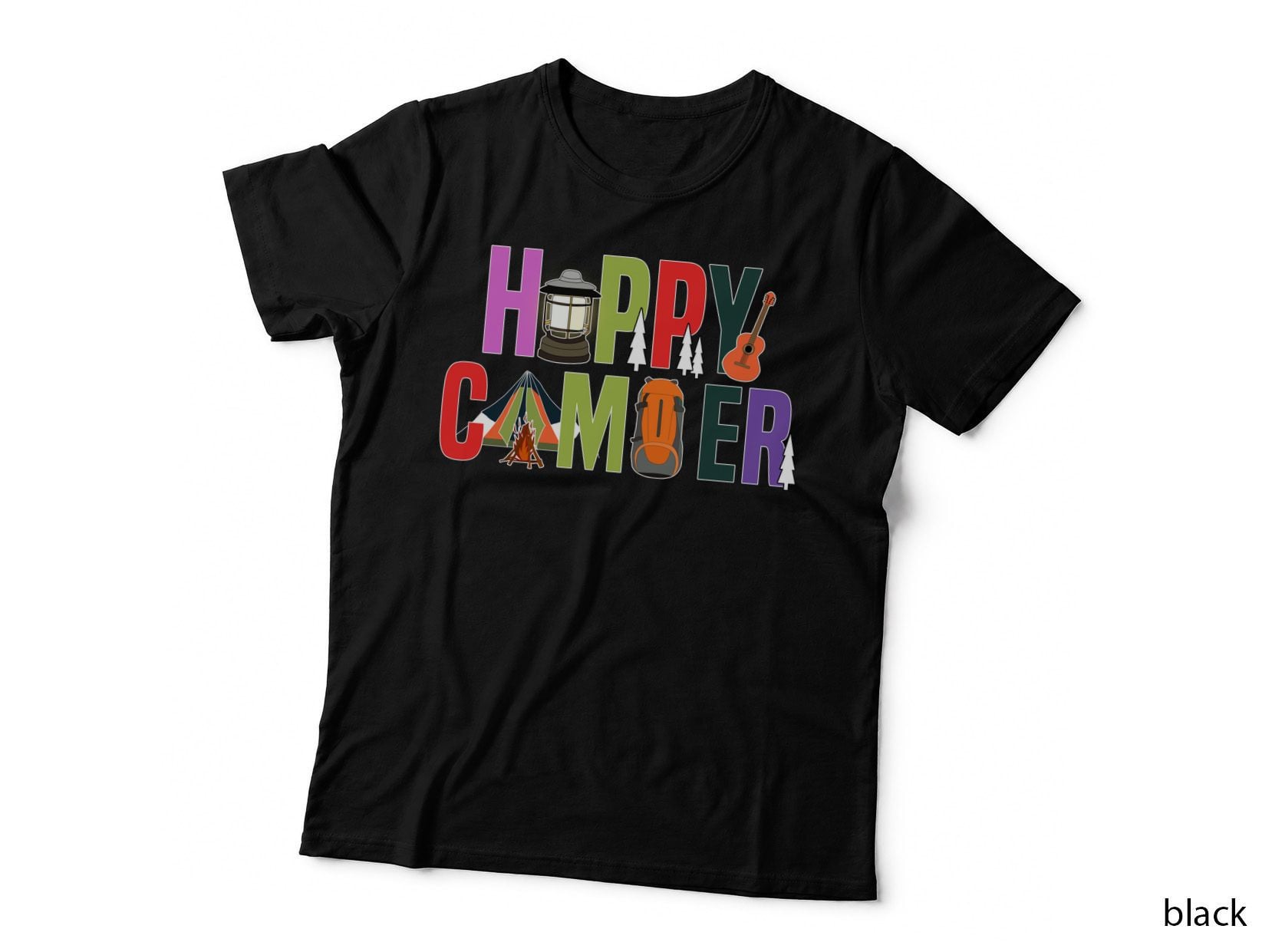 Happy Camper Camping T-Shirt, Camping Adventure Elements Graphic Tee